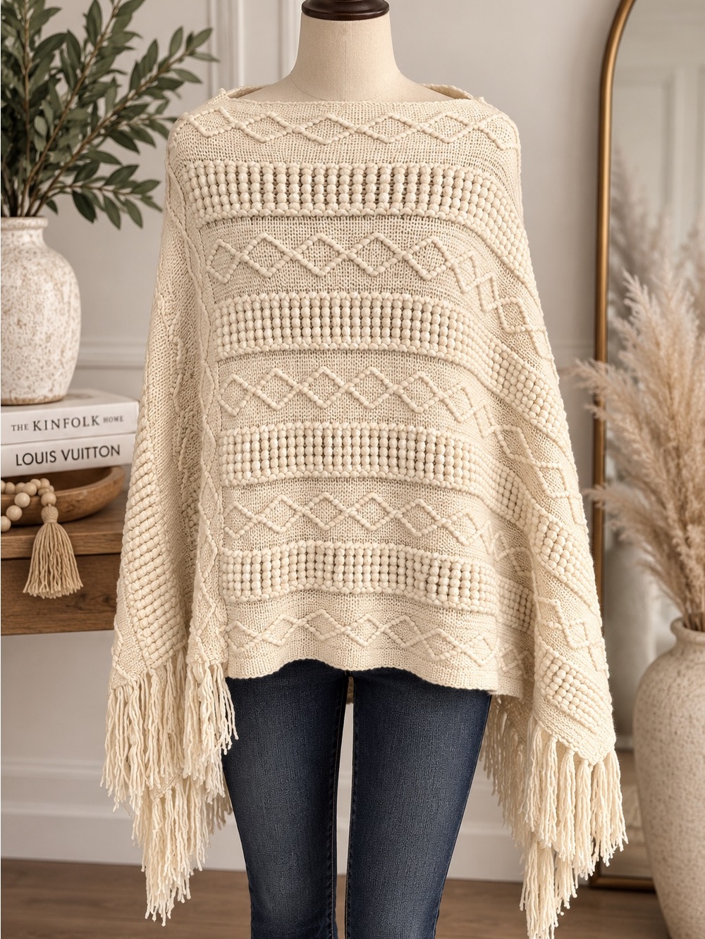 Cream Cable-Knit Fringe Poncho Aztec Sweater